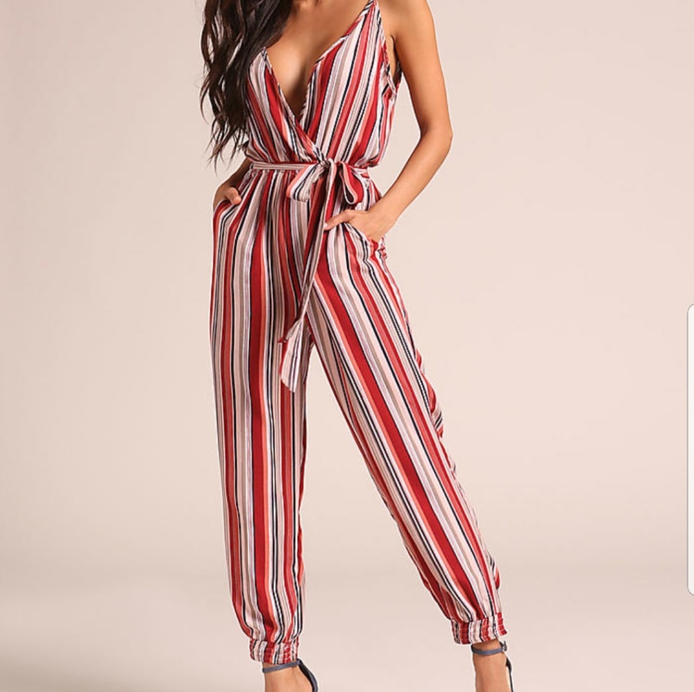 RED PINSTRIPE WAIST TIE JUMPSUIT